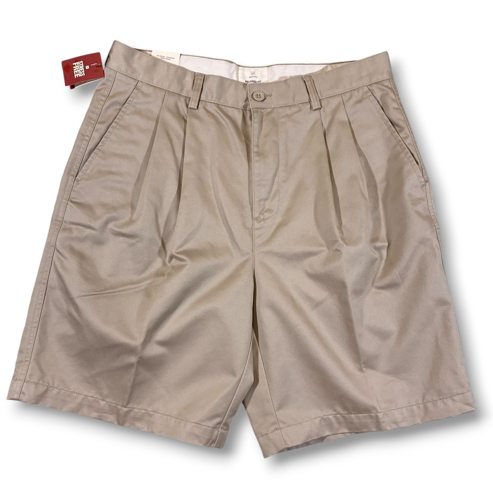 VTG Deadstock GAP Khakis Relaxed Fit Pleated Mens‎ 34 Tan Chino Shorts Stretch